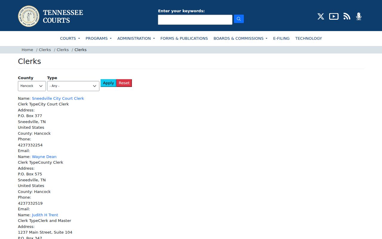 Tennessee Courts clerk directory for Hancock County release records