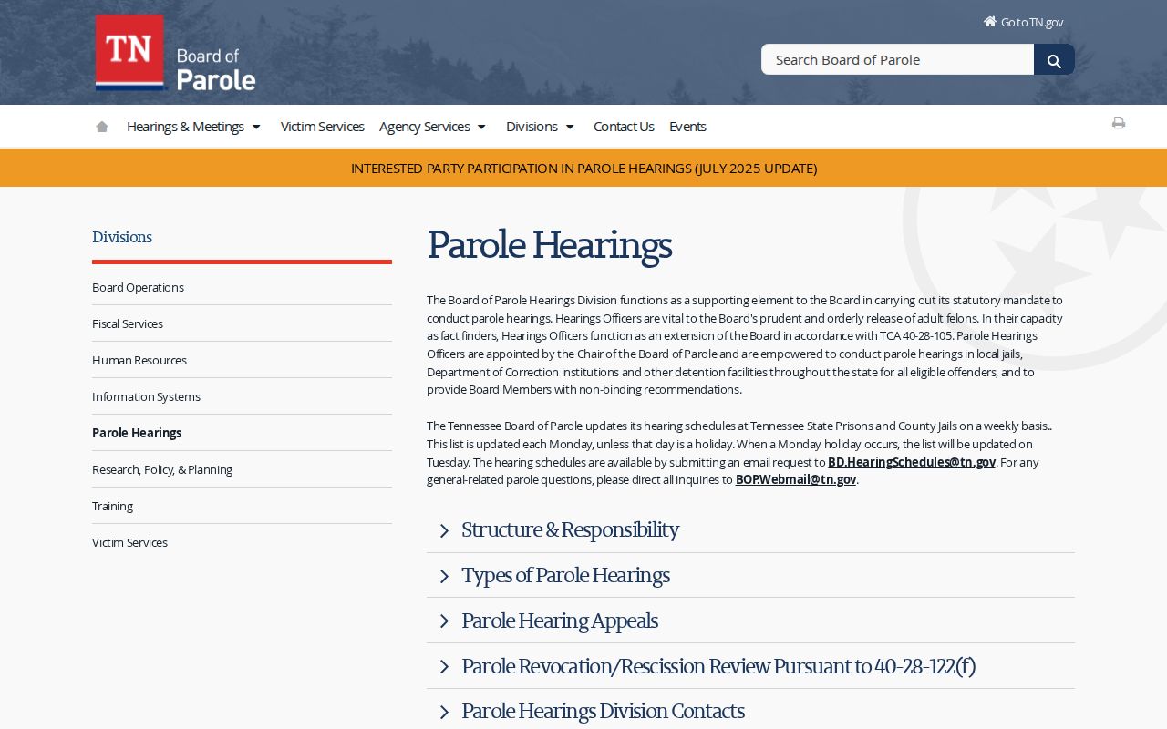 Tennessee Board of Parole hearing schedule instructions for Hancock County records