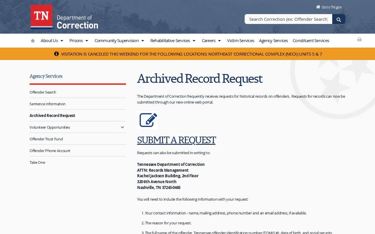TDOC archived record request for a Hancock County released inmate photo