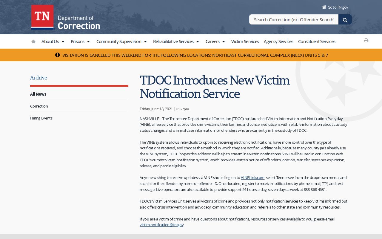 TDOC VINE coverage and Hancock County release notification context